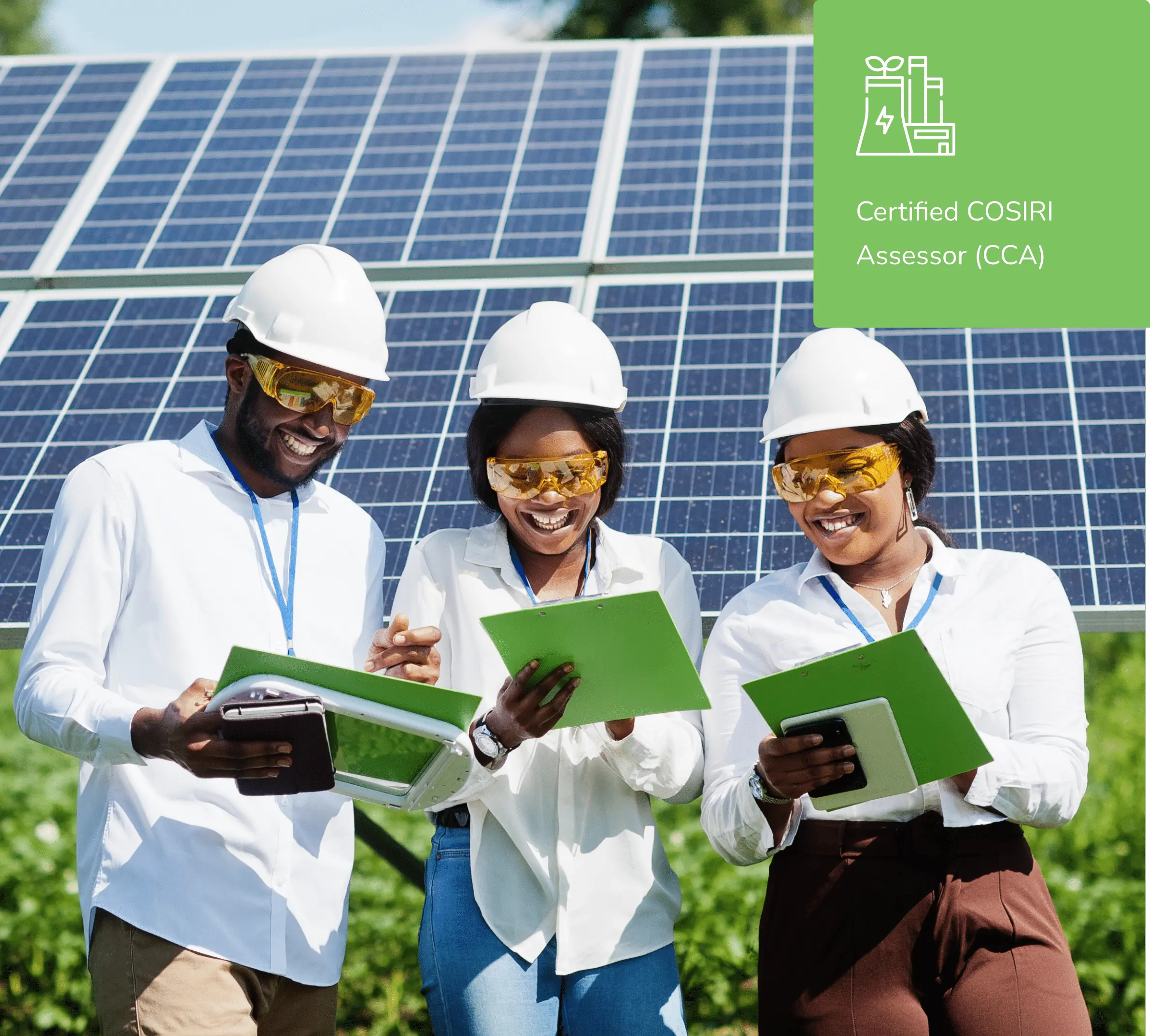 Three people in hard hats standing in front of solar panels, representing industry readiness in the consumer sustainability space.