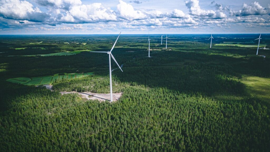 Aerial view of sustainable wind turbines in a forest.