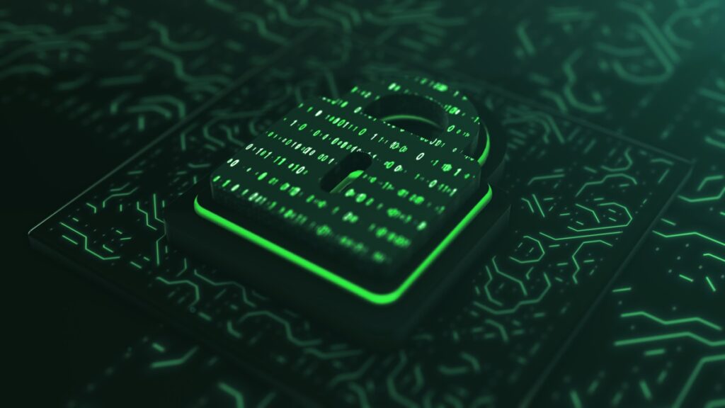A glowing green, digital lock symbol displayed on a circuit board, representing data privacy and cybersecurity.