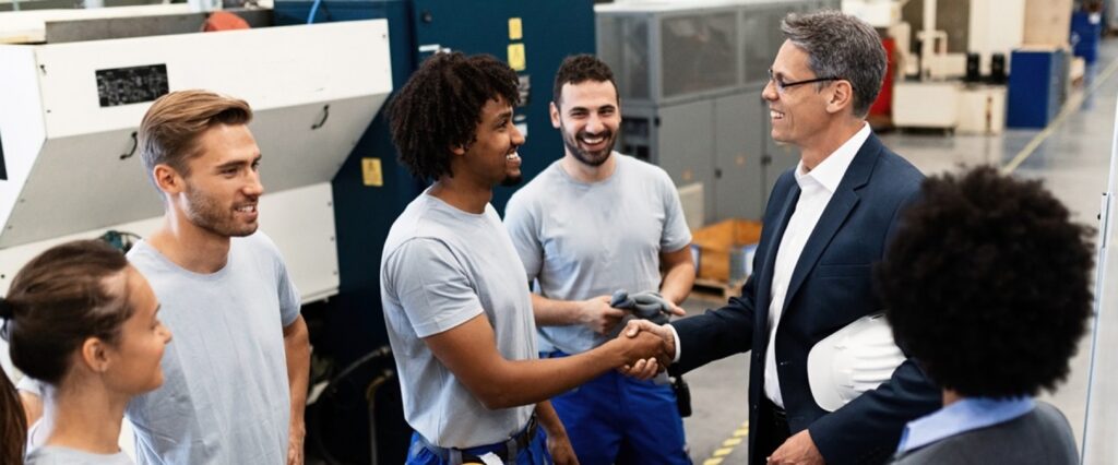 A man in a suit shakes hands with another man in a factory setting, highlighting their collaboration. Several other people in casual attire stand around them, smiling, reflecting the mitigated social risks of the operation.