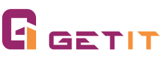 The image shows the logo of a company named "Getit". The logo features a stylized capital "G" in purple next to the word "Getit" with "Get" in purple and "it" in orange.