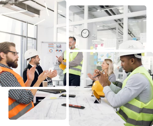 A group of construction workers in safety gear and helmets sit around a table, clapping, while one worker stands and speaks in a modern office setting, showcasing the new Getit system for project management.