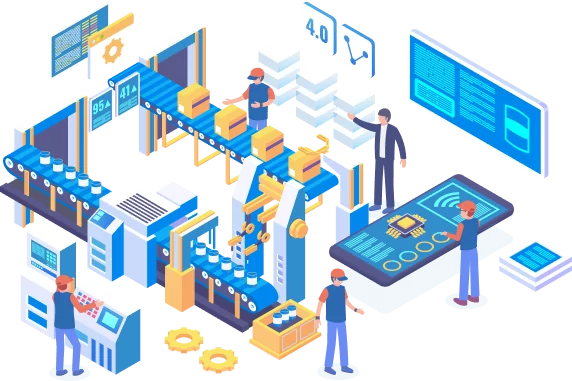 Illustration depicting an automated factory scene with robots, conveyors, and workers interacting with control panels, digital screens displaying data, and machinery components to manuvate the manufacturing process.