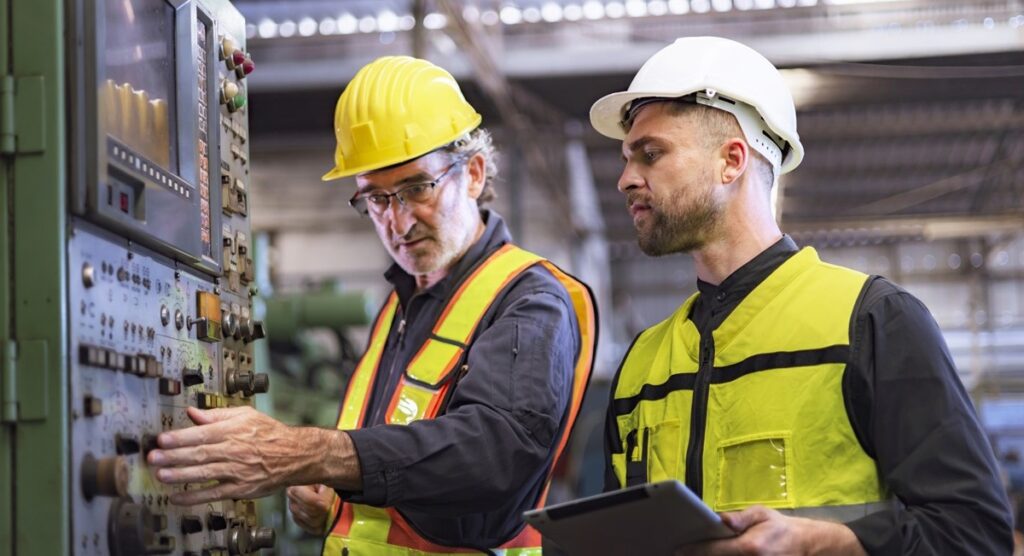 Two workers in hard hats and safety vests operate and inspect control panels in an industrial setting, ensuring manufacturing compliance, with one holding a tablet.