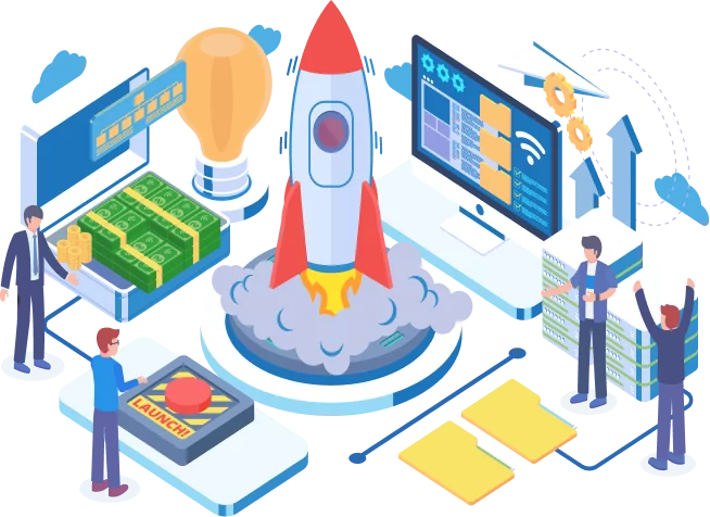 An illustration of people working around a rocket, pressing launch buttons, handling money and servers, and displaying data on screens, depicting a high-tech business operation driven by manuvate's innovative solutions.