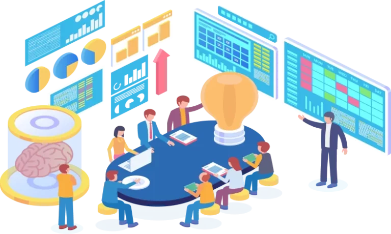 People sitting around a conference table with digital screens displaying data and a light bulb symbol in the center, indicating a manuvate meeting or brainstorming session.