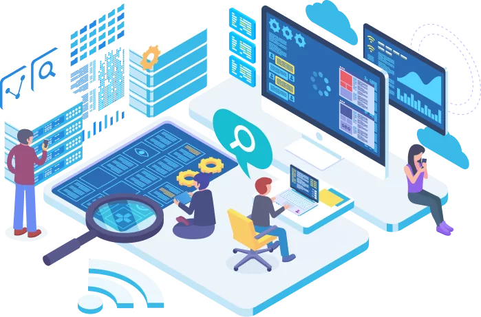 Illustration of people working at computers, surrounded by data servers, charts on screens, and a large magnifying glass, depicting data analysis and technology development through innovative manuvate solutions.