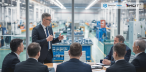 A businessman presents to a group of colleagues in a factory conference room.