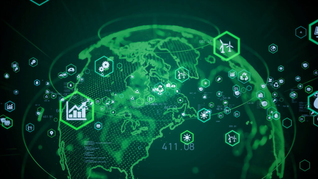 Digital globe with green energy icons and data on a dark background, representing technology and sustainability.