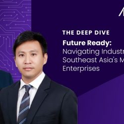 Two men in formal attire are pictured next to the text “THE DEEP DIVE: Future Ready: Navigating Industry 4.0 in Southeast Asia’s Mid-Sized Enterprises” with a purple background and Alvarez & Marsal logo.