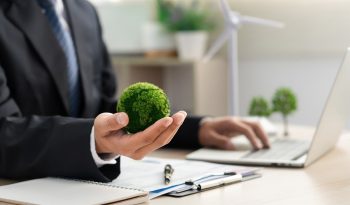 A man in a suit holding a small tree in front of a laptop.