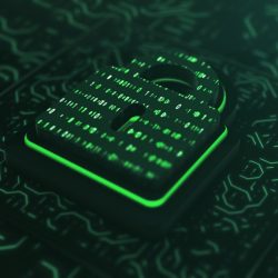A glowing green, digital lock symbol displayed on a circuit board, representing data privacy and cybersecurity.