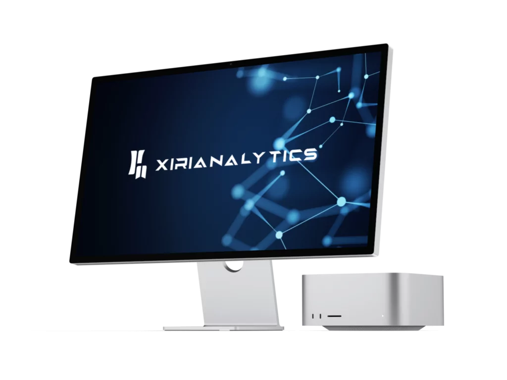 A monitor with the XIRI analytics logo on it.